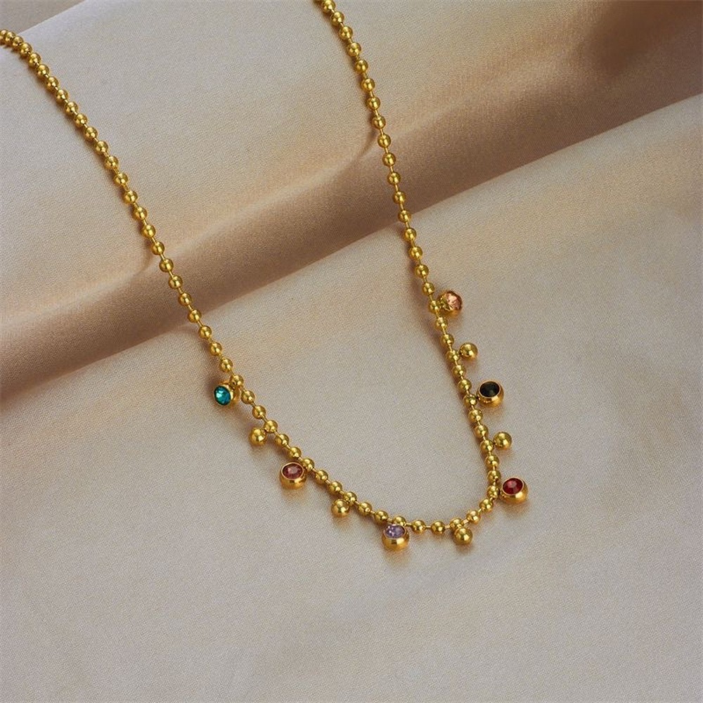 Chain Necklace Stainless Steel Gold Flat Round Pave Cubic Zirconia 15.35 in N102