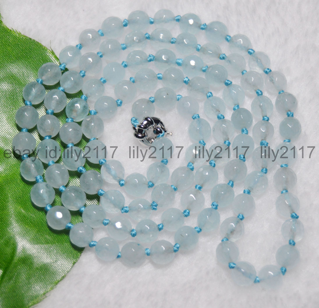 8mm Faceted Brazilian Blue Aquamarine Gemstone Round Beads Necklaces 24″