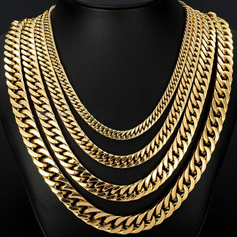 6/8/10/12/14mm Mens Boys 316L Stainless Steel 18K Gold Curb Cuban Chain Necklace