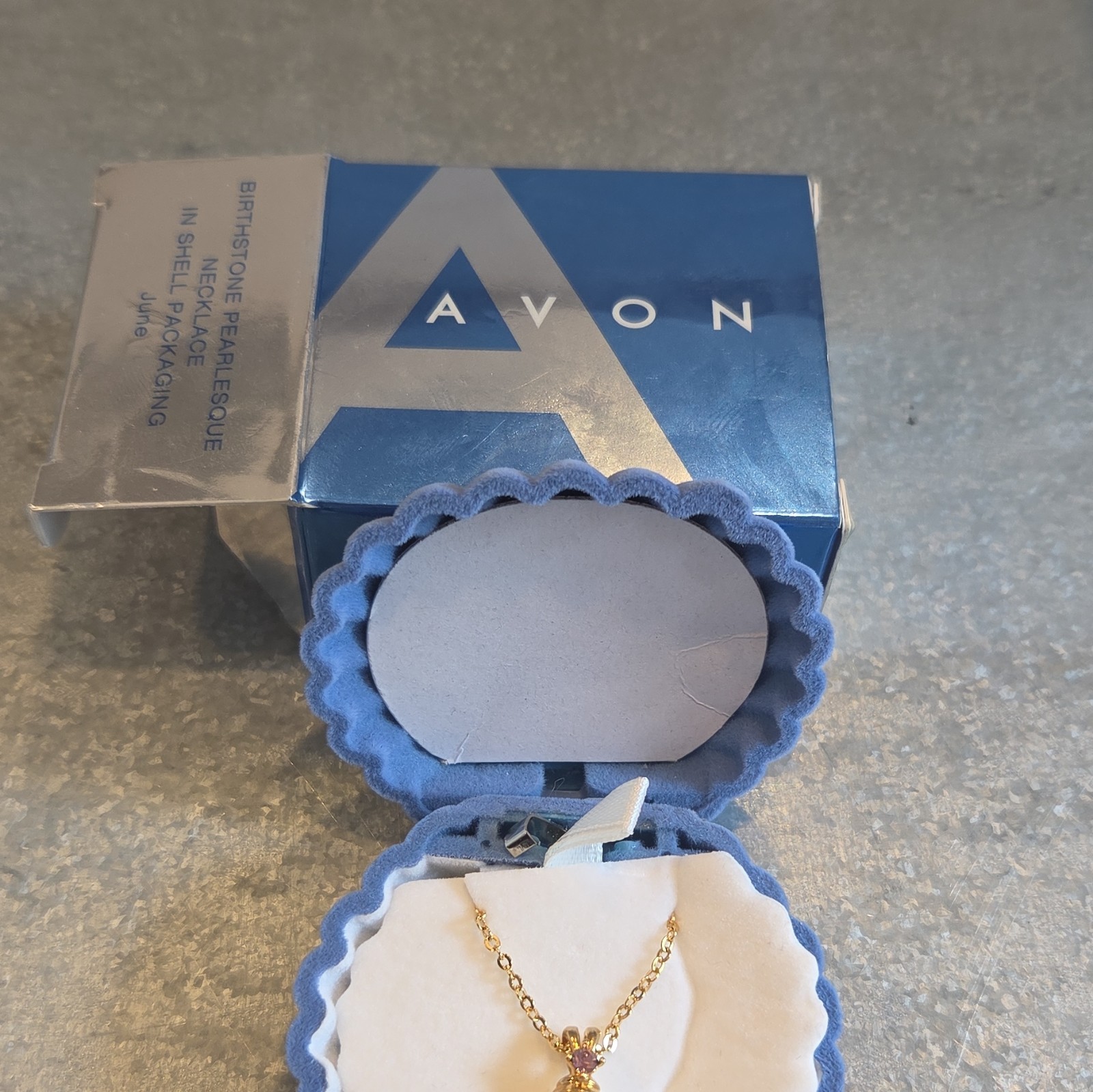 Avon June Birthstone Pearlesque Necklace Gold Tone Purple Crystal Pendant