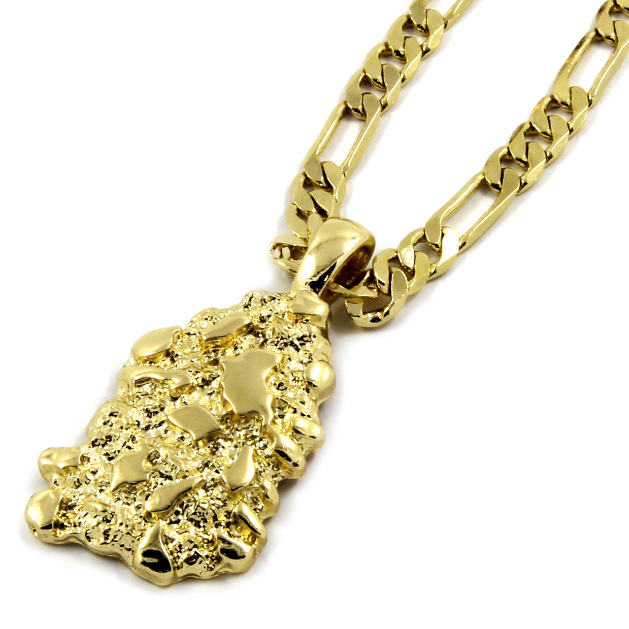 Mens 14K Gold Plated Nugget Pendant Hip-Hop 5mm/24″ Figaro Chain