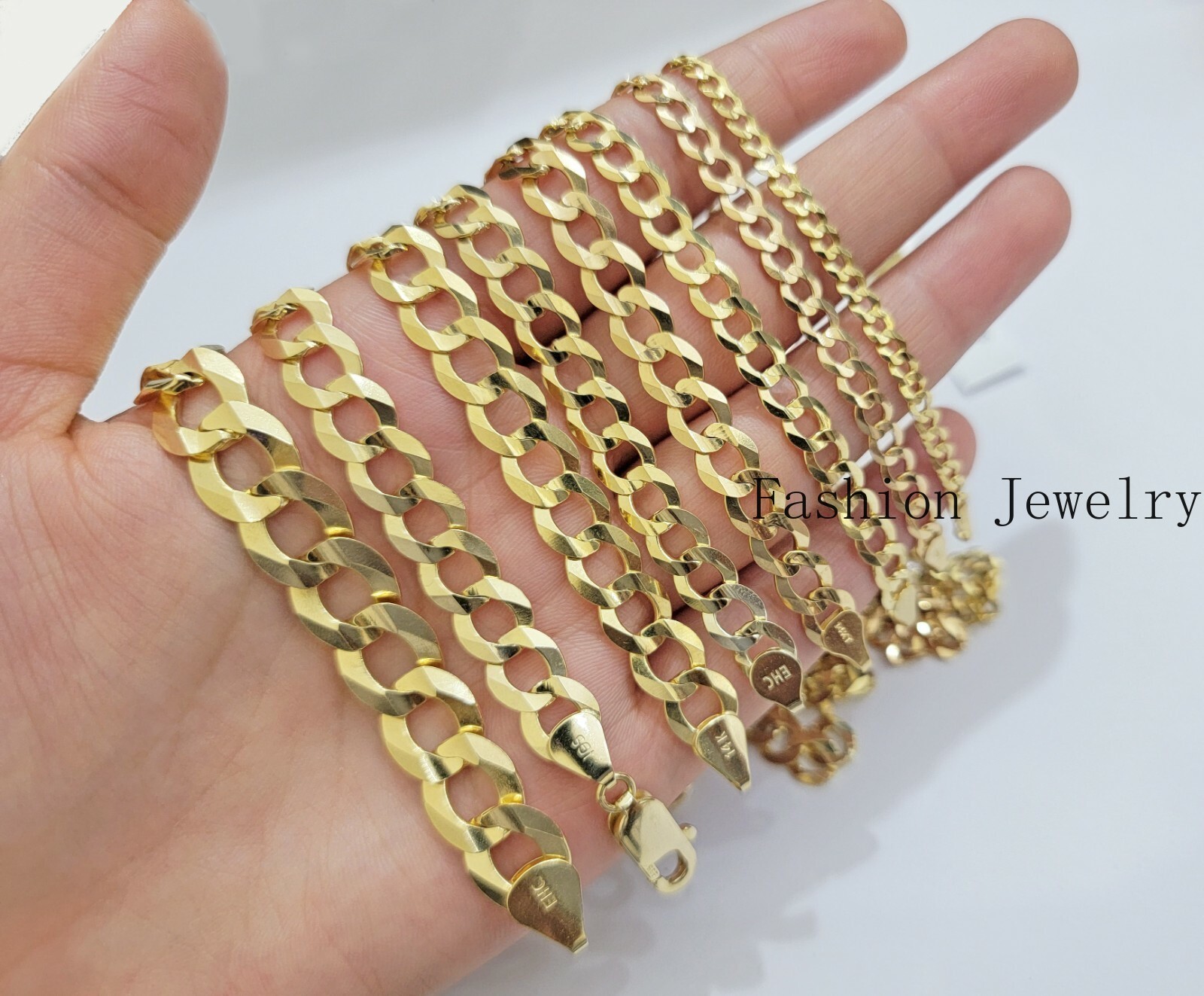 14K Yellow Gold Solid 3mm-10mm Curb Cuban Chain Link Necklace Bracelet 7″- 30″