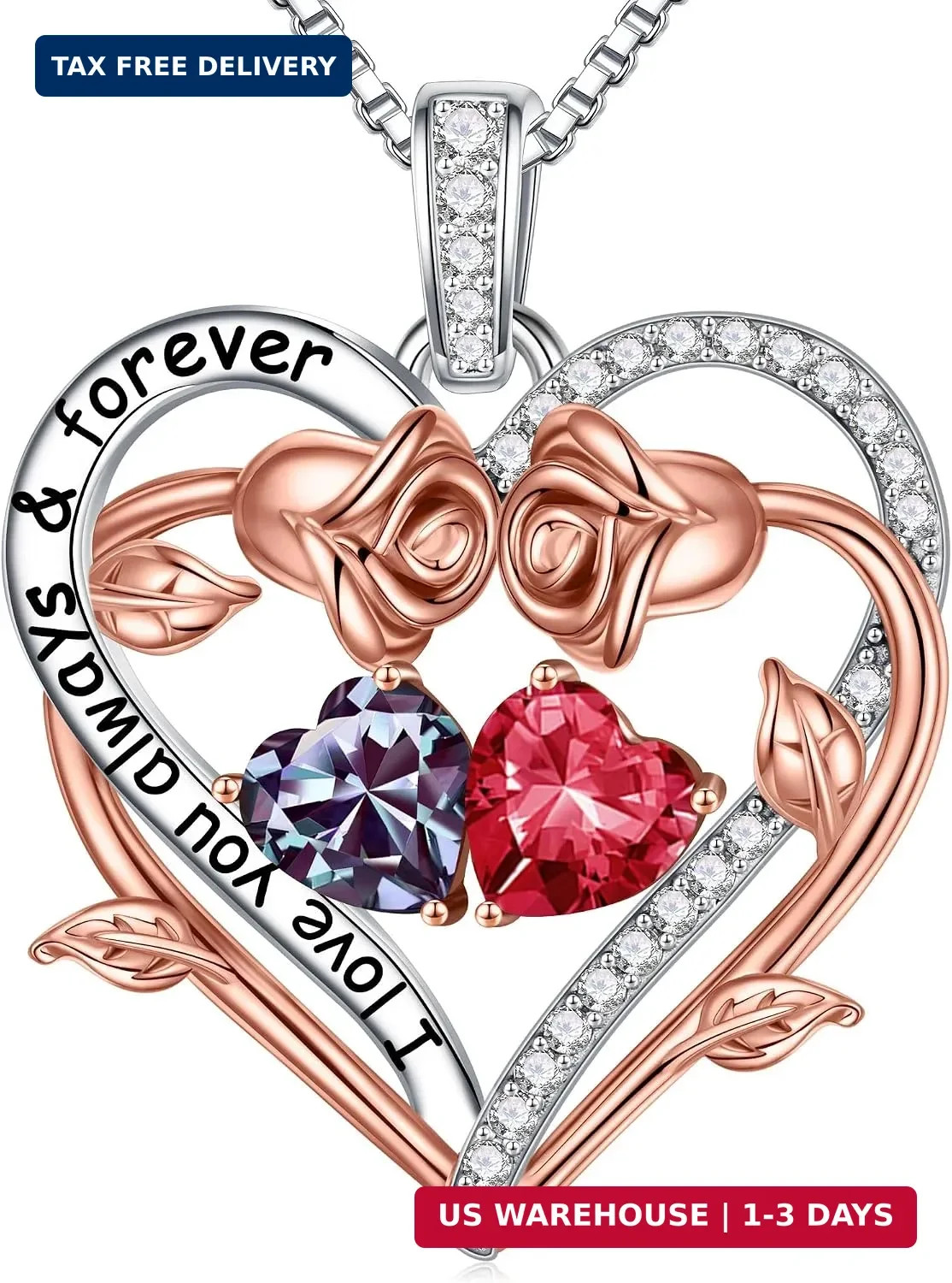 Iefil Rose Heart Double Birthstone Necklace, Gifts for Wife Her Women | 925 Ster