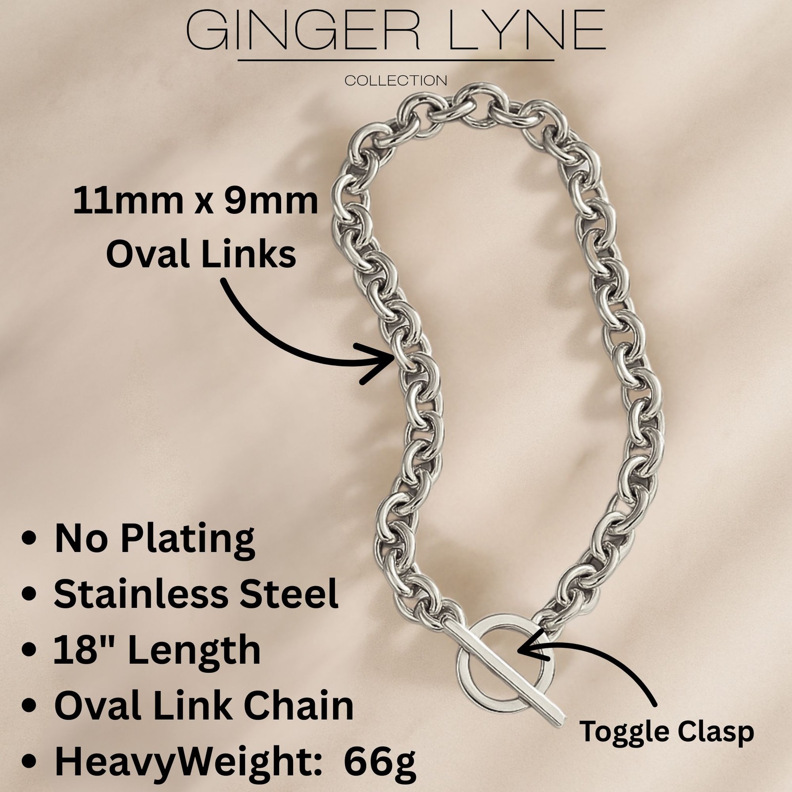 Oval Link Toggle Necklace for Women Heavy Weight 14KT Gold Plated Stainless S…