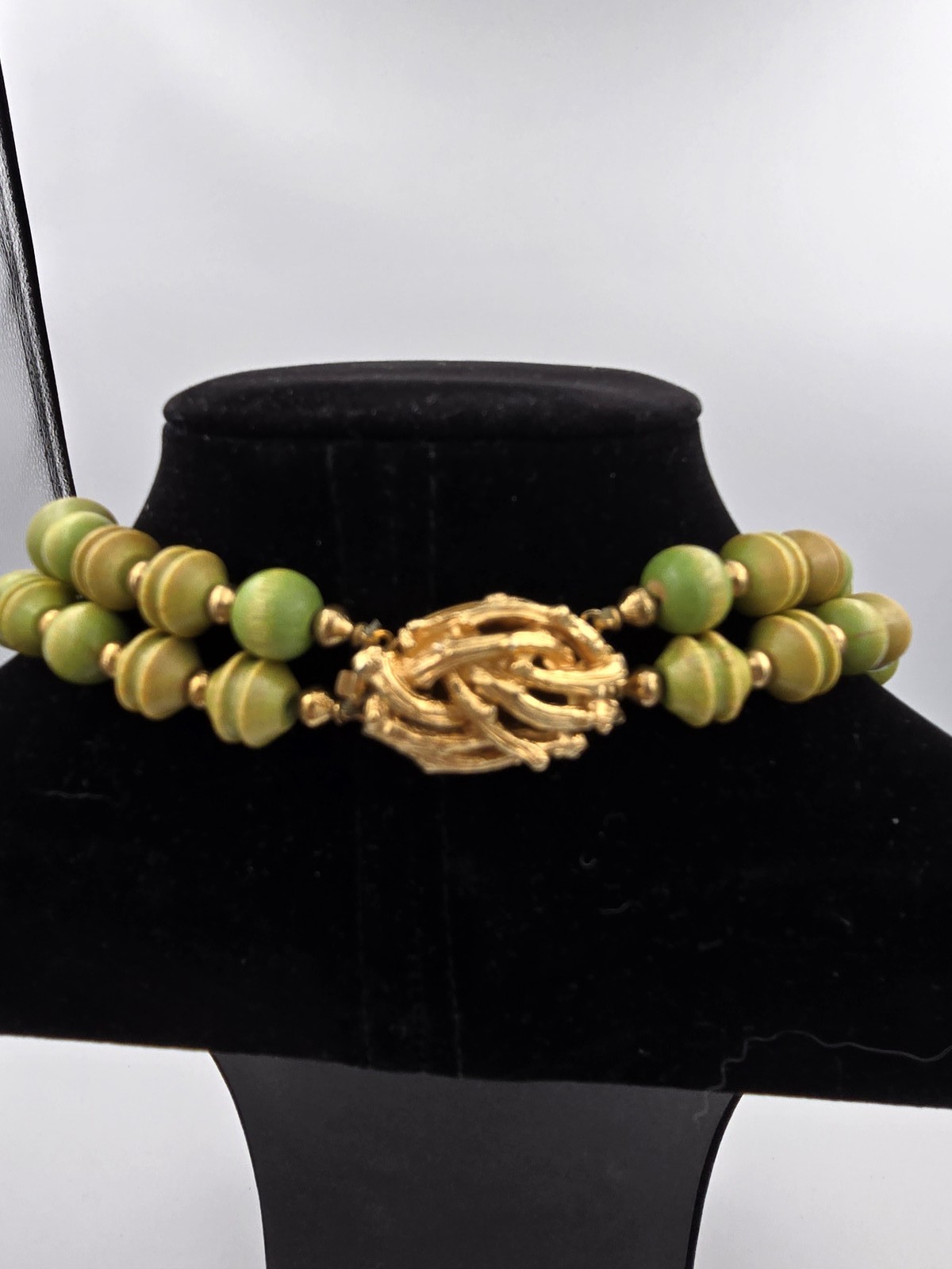 Vintage Double Strand Wood Bead Necklace Green Yellow Gold Tone Clasp
