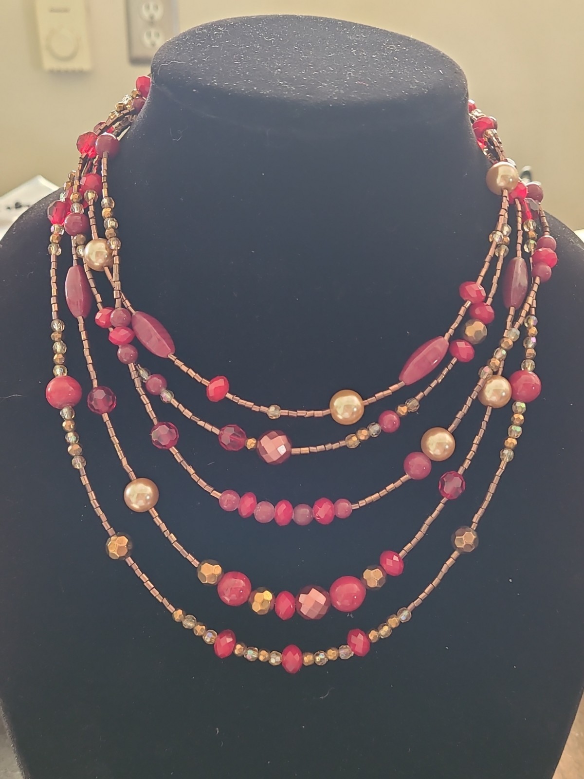 Lia Sophia Layered Red Glass Beaded Necklace Pearl Crystal Gold Tone W/Box