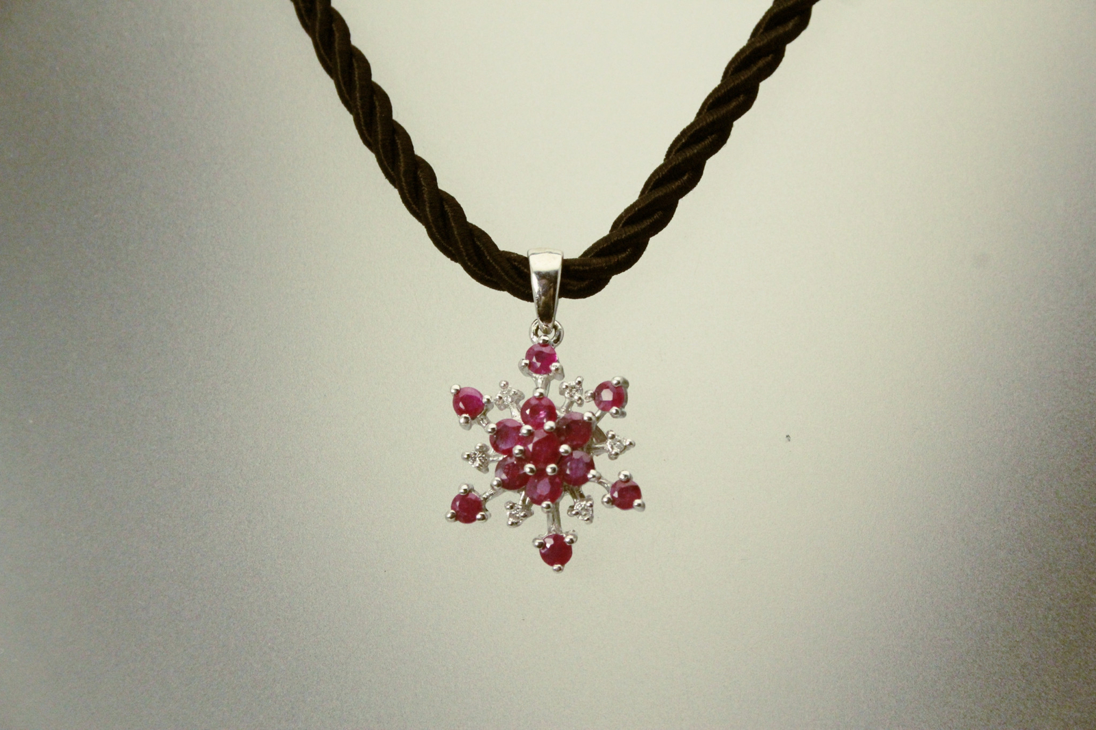 Red Ruby & Diamond Chips Snowflake Sterling Pendant Black Cord 5.4g (NEC5716)