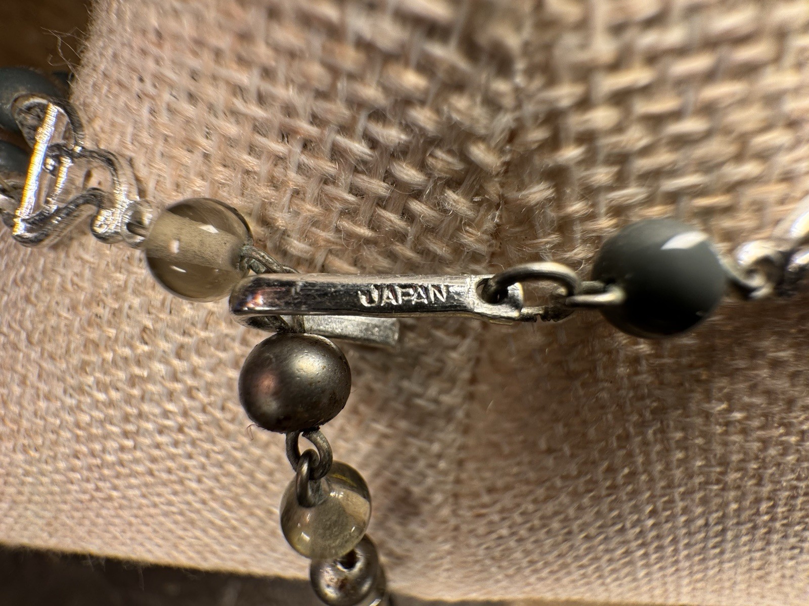 Vintage Gray & Silver Glass Beaded Necklace Stamped Japan c1950s 20in Retro Glam