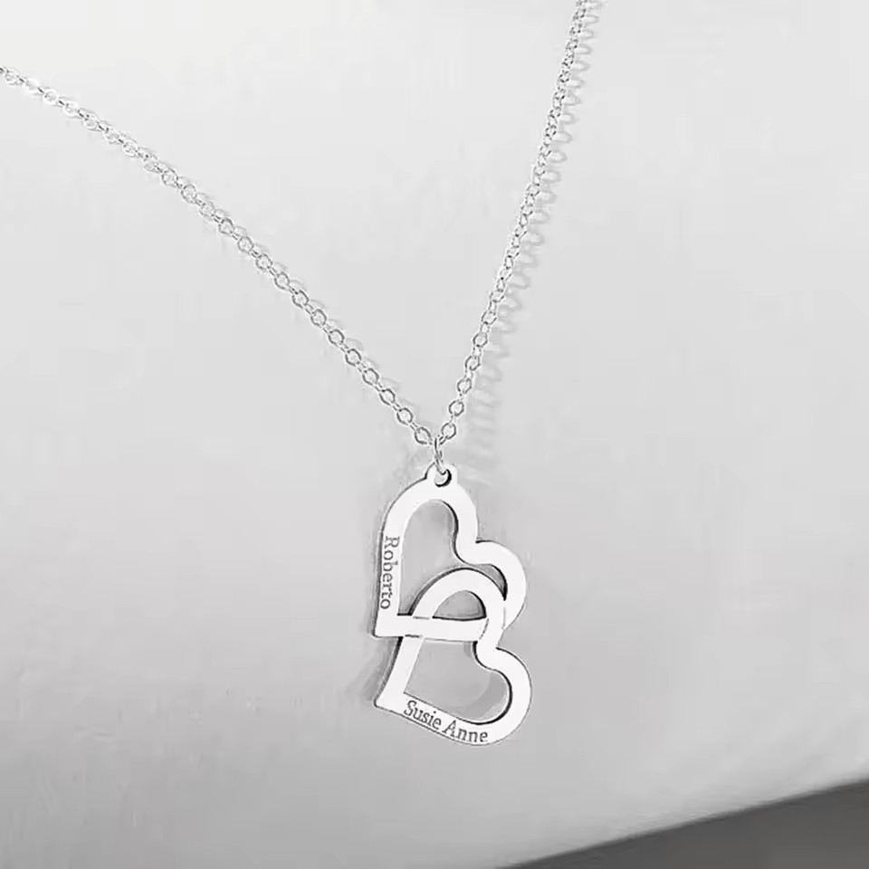 Custom Double Name Couple Necklace Pendant Jewelry Engraved Hearts Anniversary