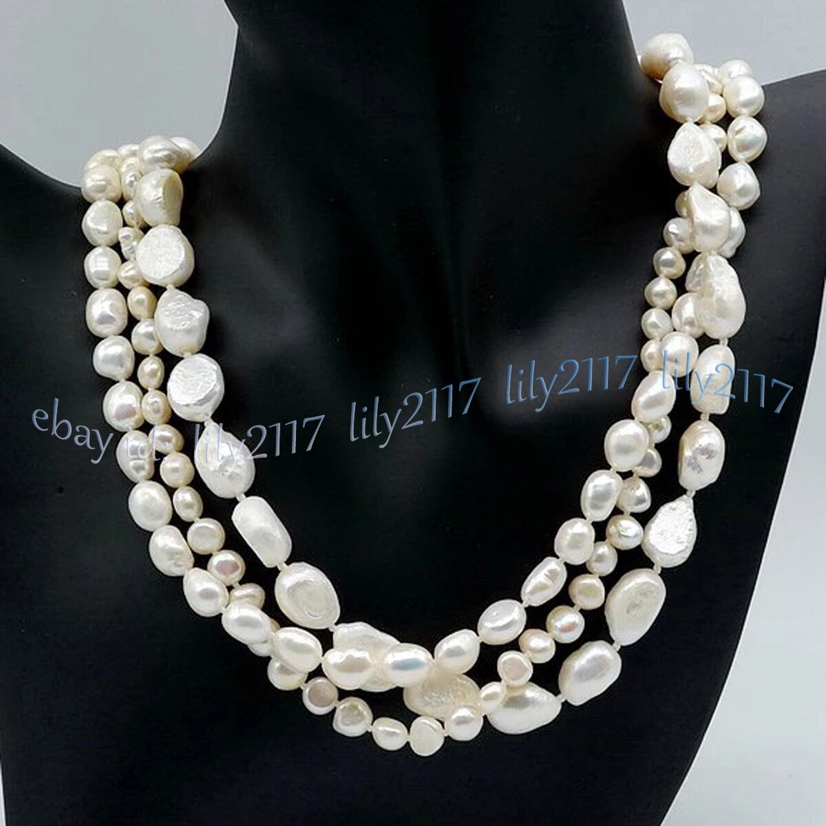 3 Rows Genuine Natural White Freshwater Baroque Pearl Beads Necklace 18” 7-11mm