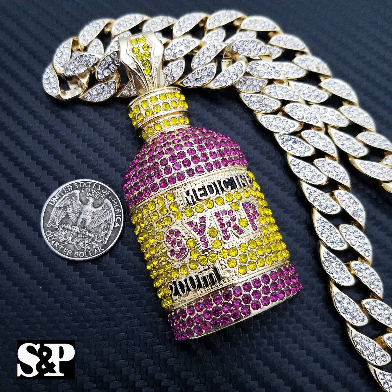 Hip Hop Lab Diamond Syrup Bottle Pendant & 18″ Full Iced Cuban Choker Chain Set