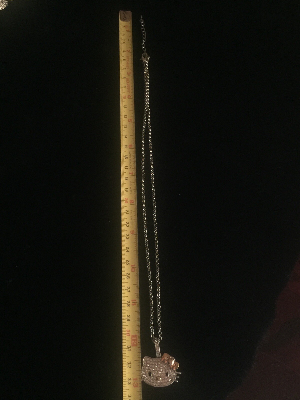 Hello Kitty Pendant Necklace Silver Chain Rhinestone Gold Bow None Tarnishing