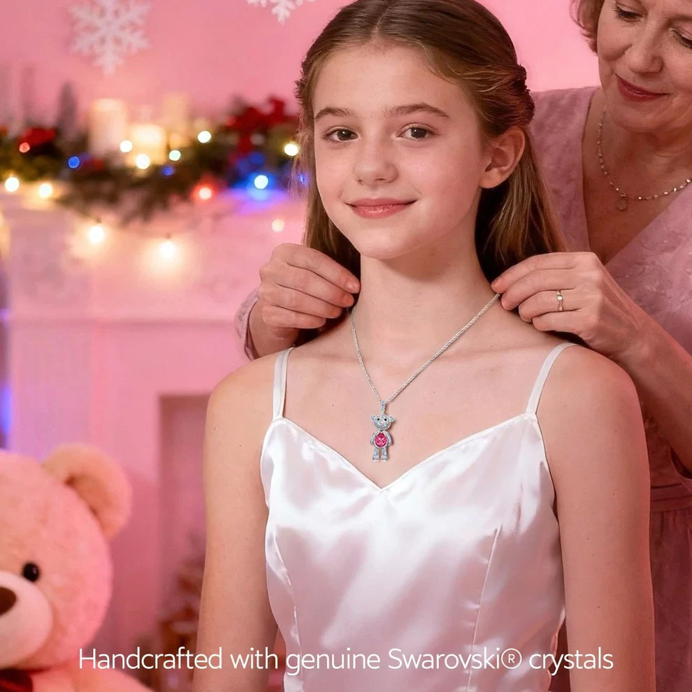Forever Teddy Bear Pendant Rope Chain Necklace In White Gold Plated -Created Wit