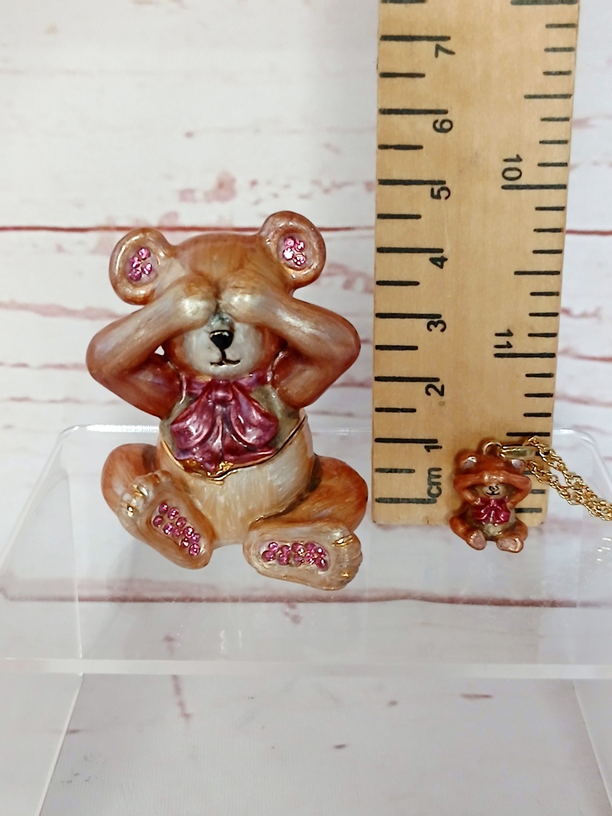 Vintage 2004 Arora Hidden Treasures Trinket Box Necklace Enamel Teddy Bear Baby
