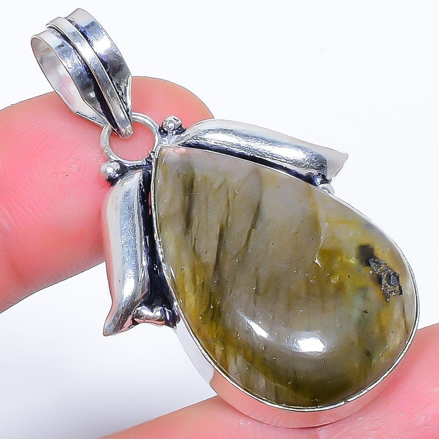 Natural Labradorite Gemstone 925 Silver Plated Jewelry Pendant 1.8″ T8685