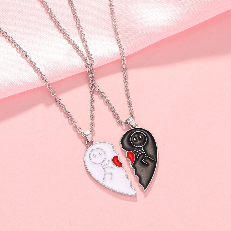 2pcs Magnet Matchstick People Lovers’ Black White Heart Pendant Chain Matching N