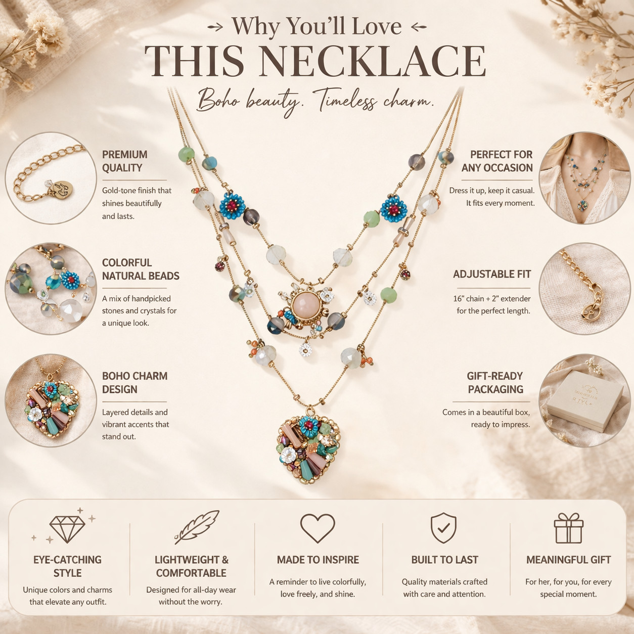 Layered Boho Necklace Women Multicolor Charm Pendant Statement Fashion Jewelry