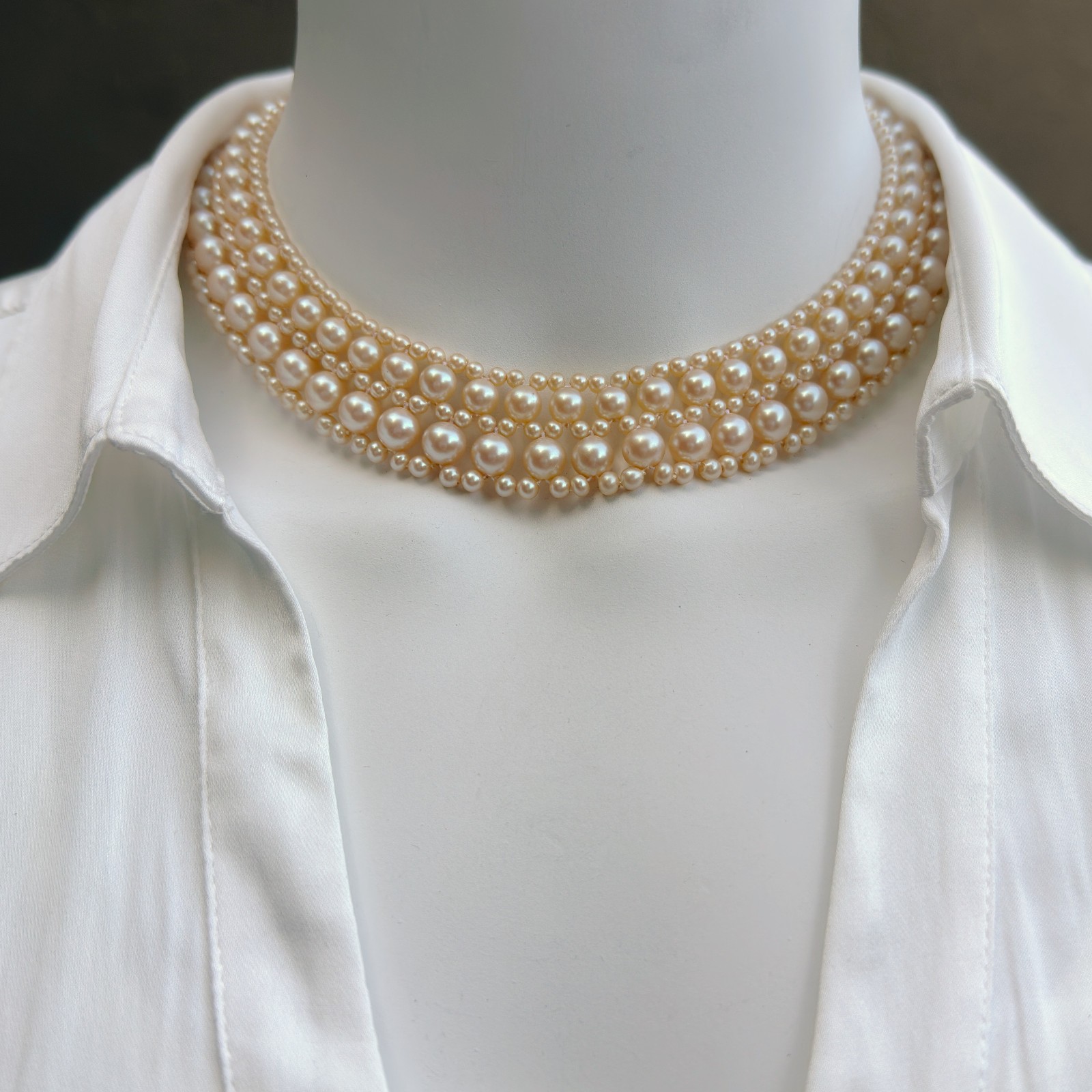 Woven 5-Row Faux Pearl Collar Necklace with Soft, Frothy Vintage Lace Ties