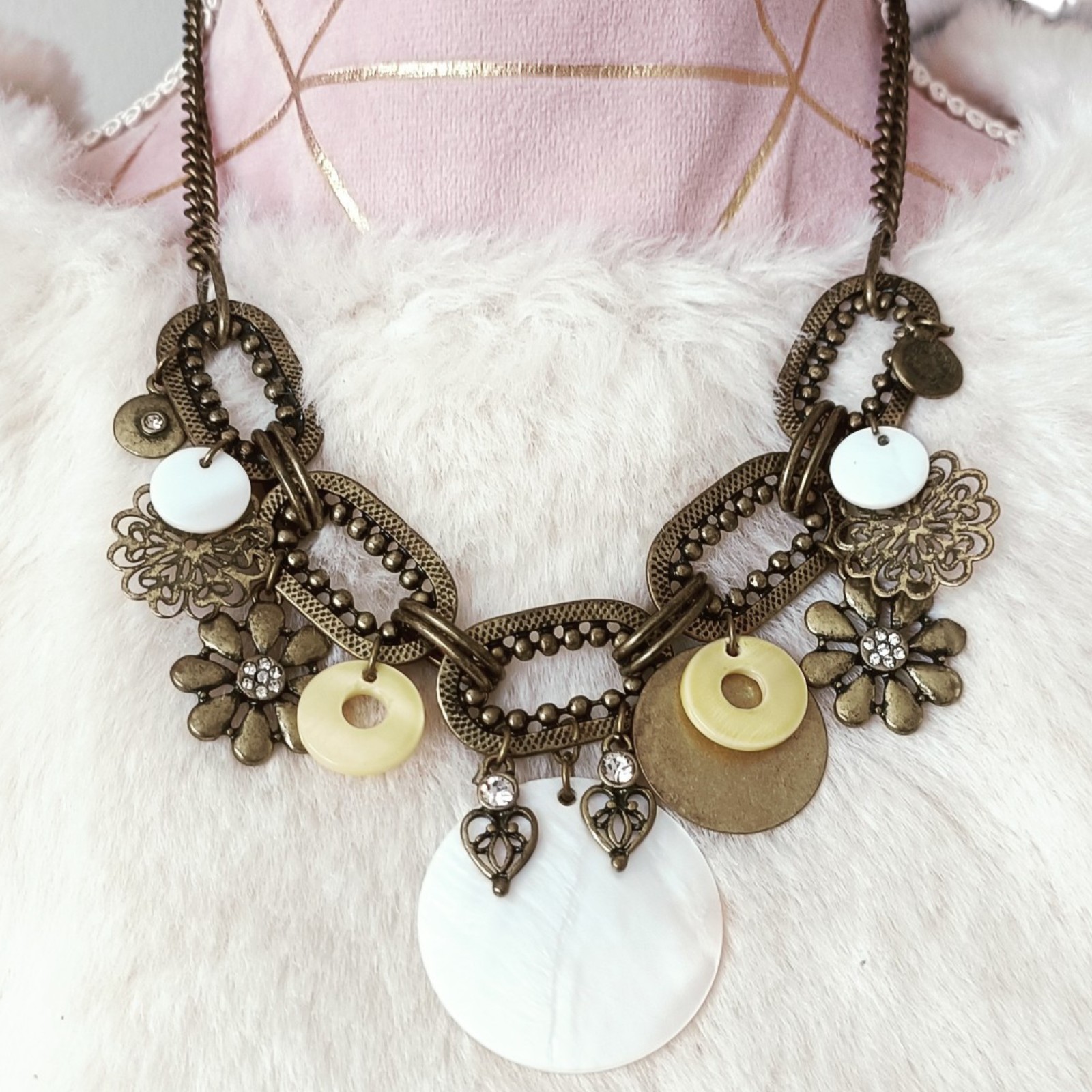 Vintage Boho Brass Charm Statement Necklace Mother of Pearl Floral Mixed Metal