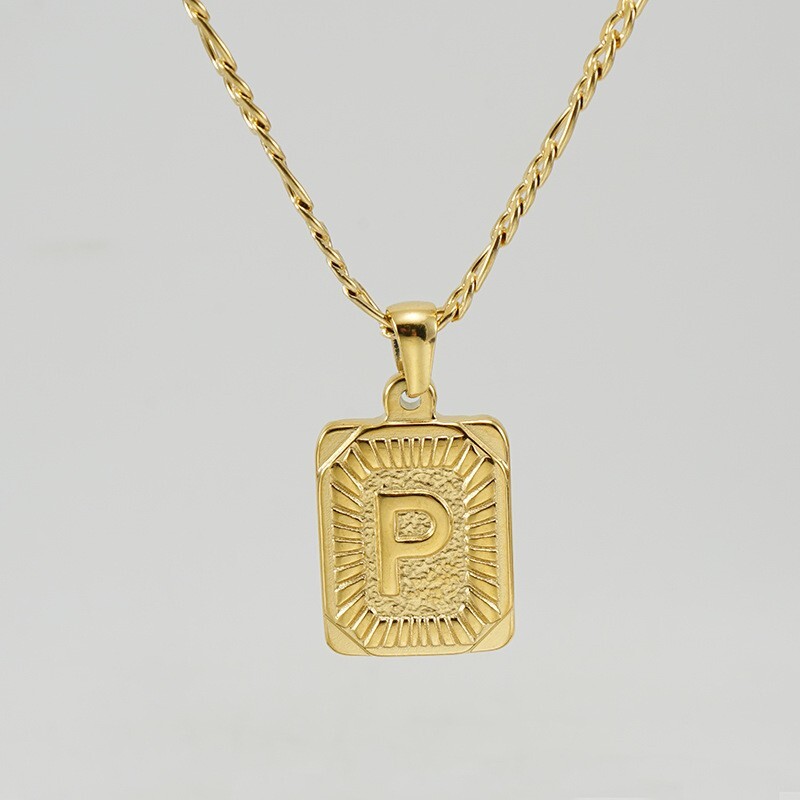 18″ Gold Plated Initial Letter Pendant Necklace Stainless Steel Figaro Chain