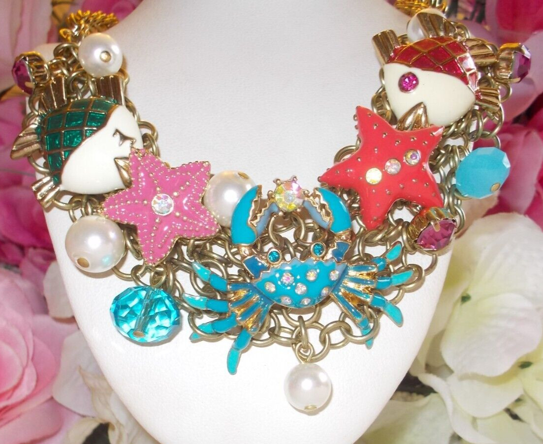 BETSEY JOHNSON LOVELY SEA LIFE CRYSTAL AND ENAMEL MULTICHARM STATEMENT NECKLACE