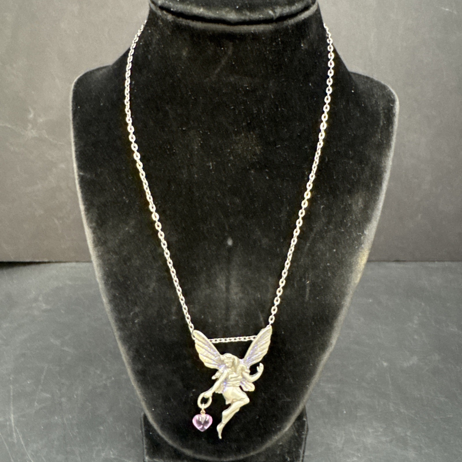 JJ Jonette Jewelry Silver Pewter Winged Sparkling Fairy Necklace Whimsical