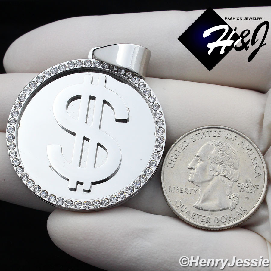 18-36″MEN Stainless Steel 5mm Silver Cuban Curb Chain CZ Dollar Sign Pendant*110