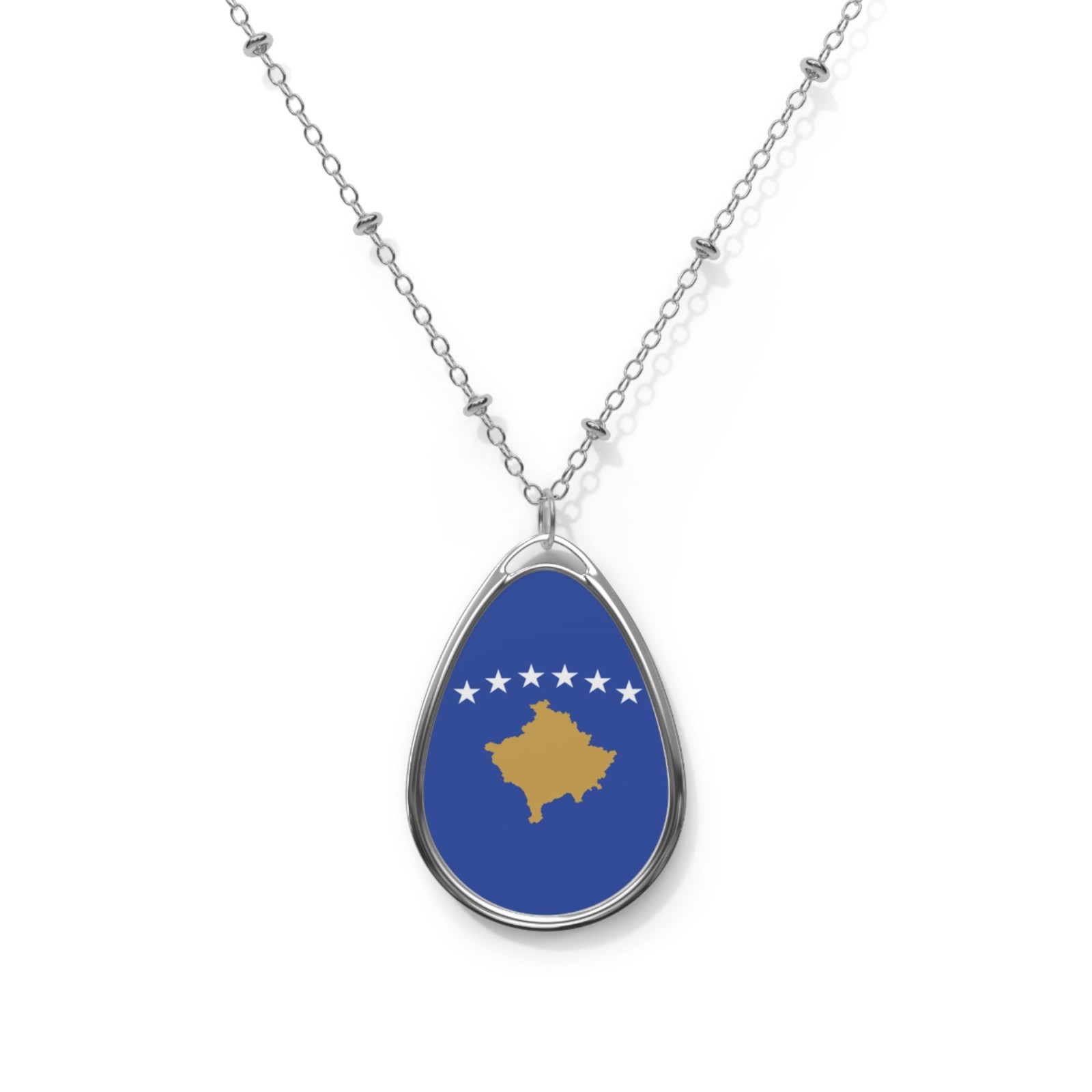 Kosovo Flag Oval Necklace – Kosovar Heritage Pendant – One Size / Silver
