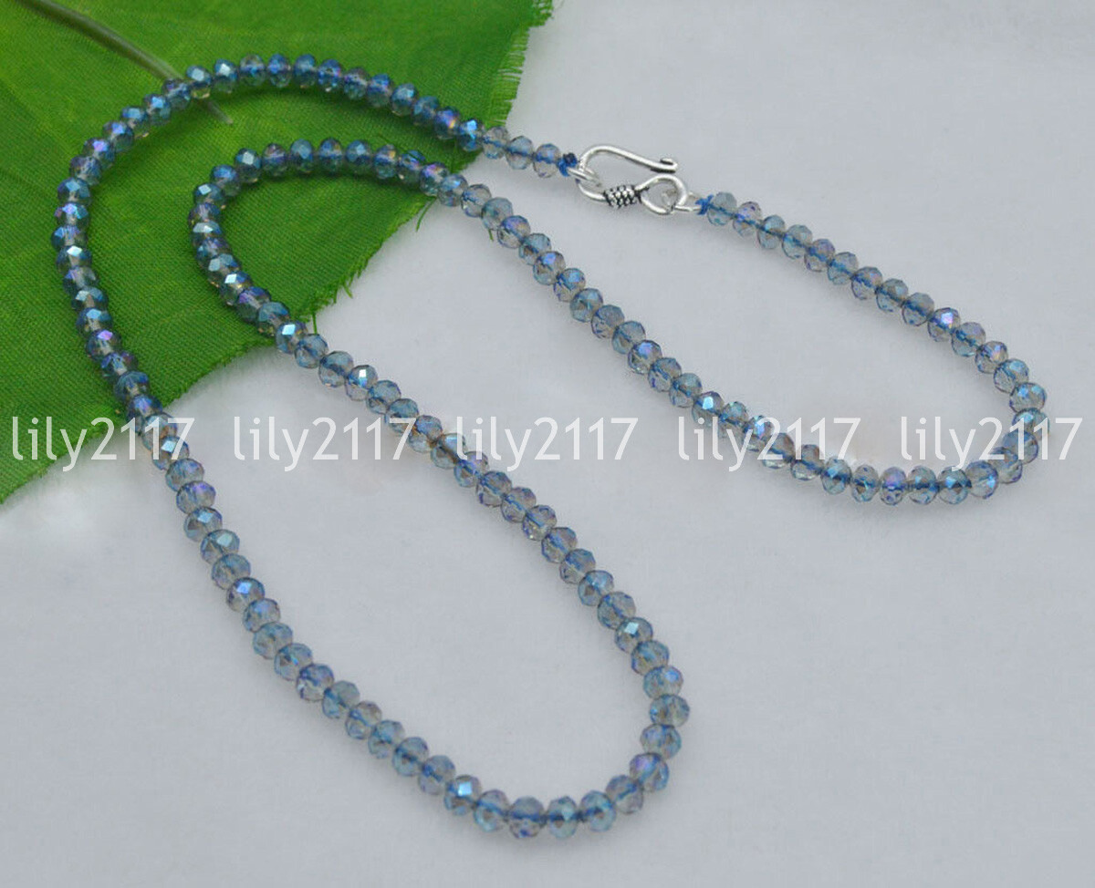 3x4mm Blue AB Crystal Faceted Roundel Gems Beads Necklaces Silver Clasp 18-50″