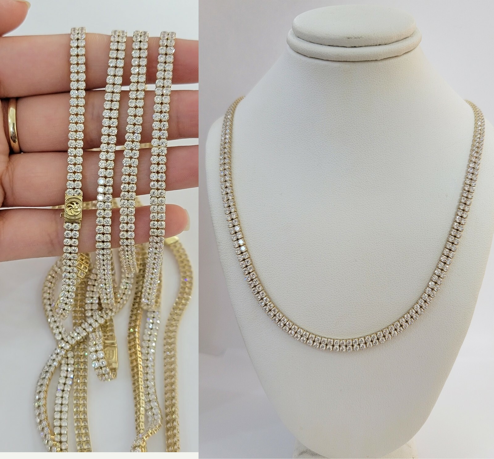 10k Yellow Gold Chain Real Tennis Necklace 18″ 20″ 22″ Two-row Stone Mens Women