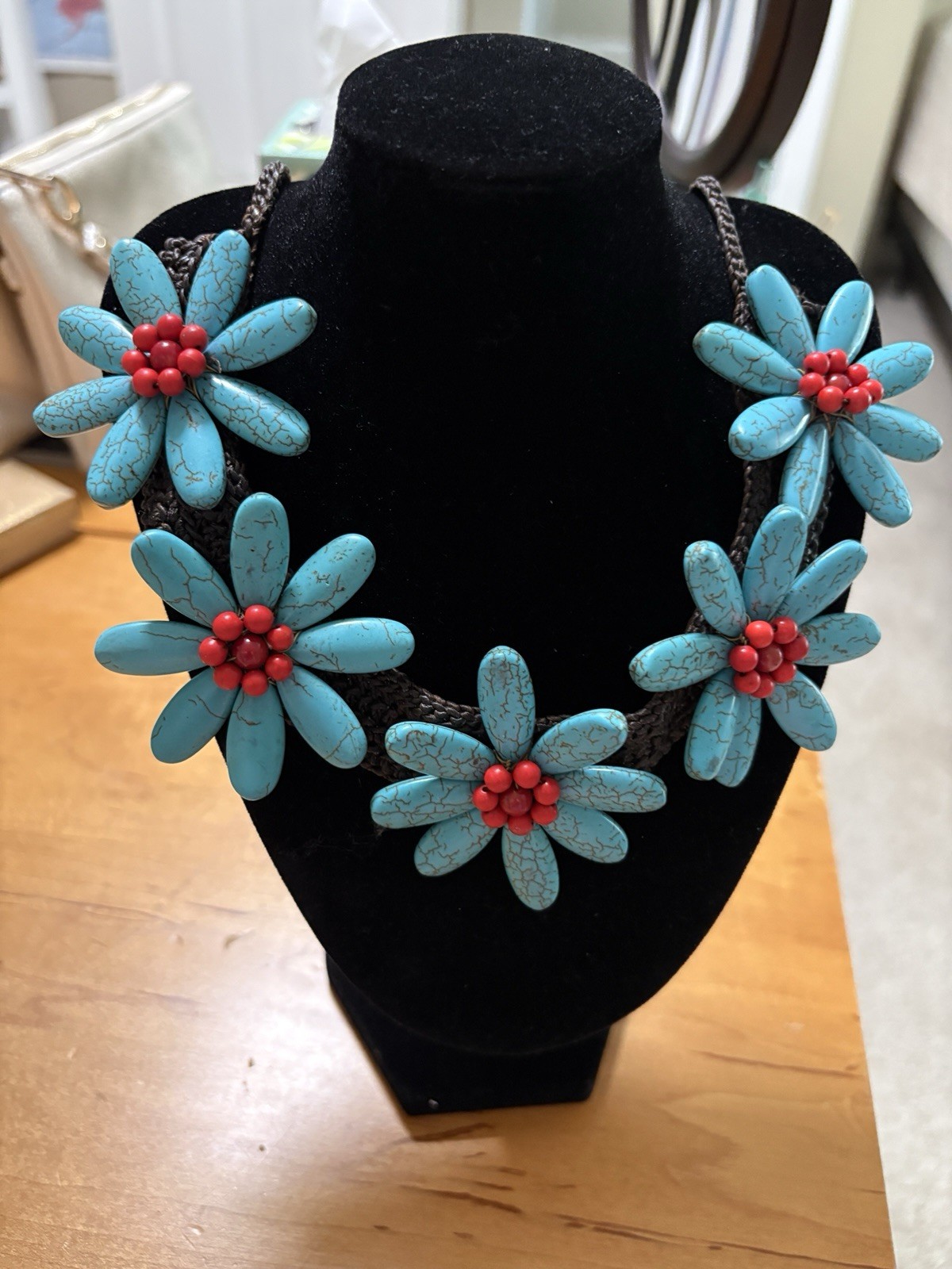 Five Turquoise Flowers with Synthetic Coral Center Stone Necklace