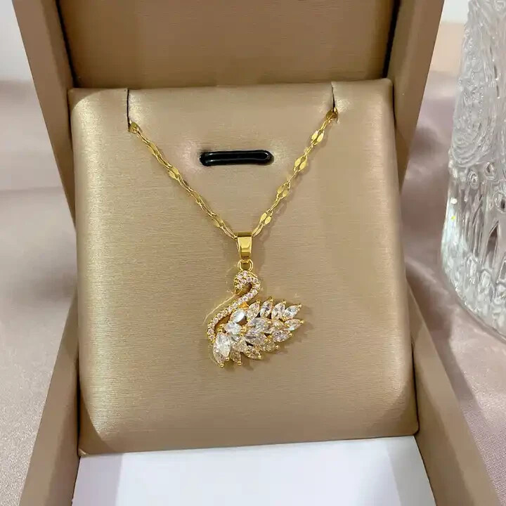 Gold Chain Crystal Swan Pendant Necklace – Beautiful, Sparkle, Great Gift