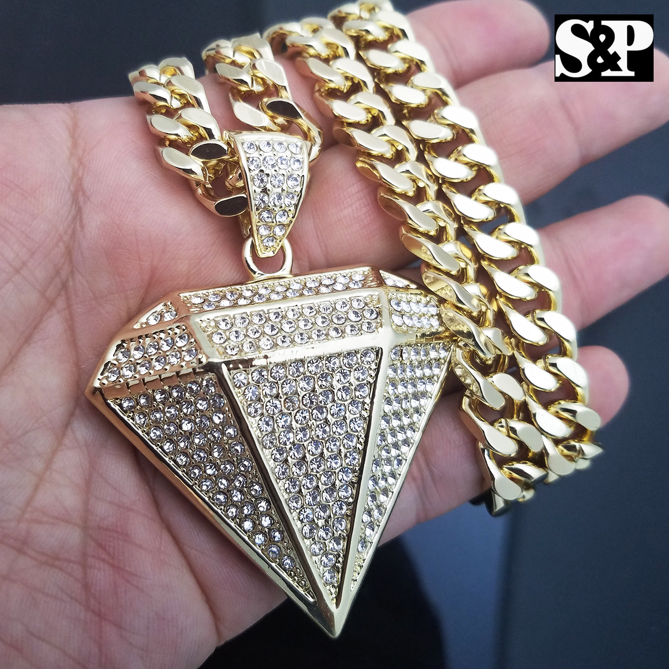Gold Plated Alloy Cubic Zirconia Diamond Shape 30″ Cuban Chain Hip Hop Necklace