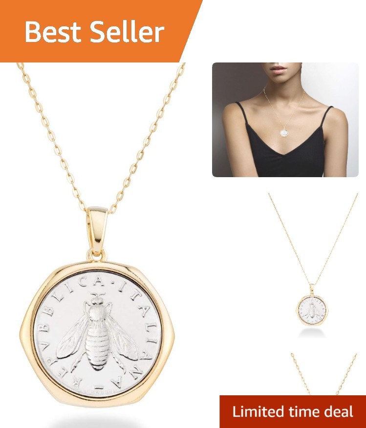 Chic 2-Lira Bee Coin Necklace: 18K Gold Plated Sterling Silver, Casual Elegance
