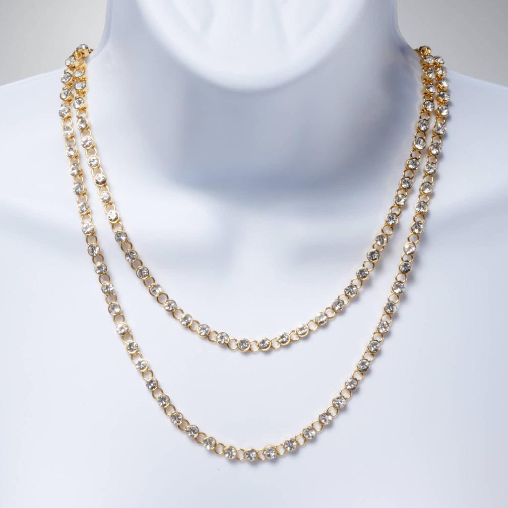 Gold Tone Colorless Stone Extra Long Sparkling Rhinestone Tennis Necklace 50″l