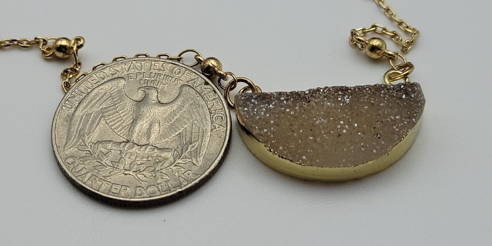 Gold Tone Half Moon Druzy Crystal Necklace 35″ Continuous Strand Signed NR
