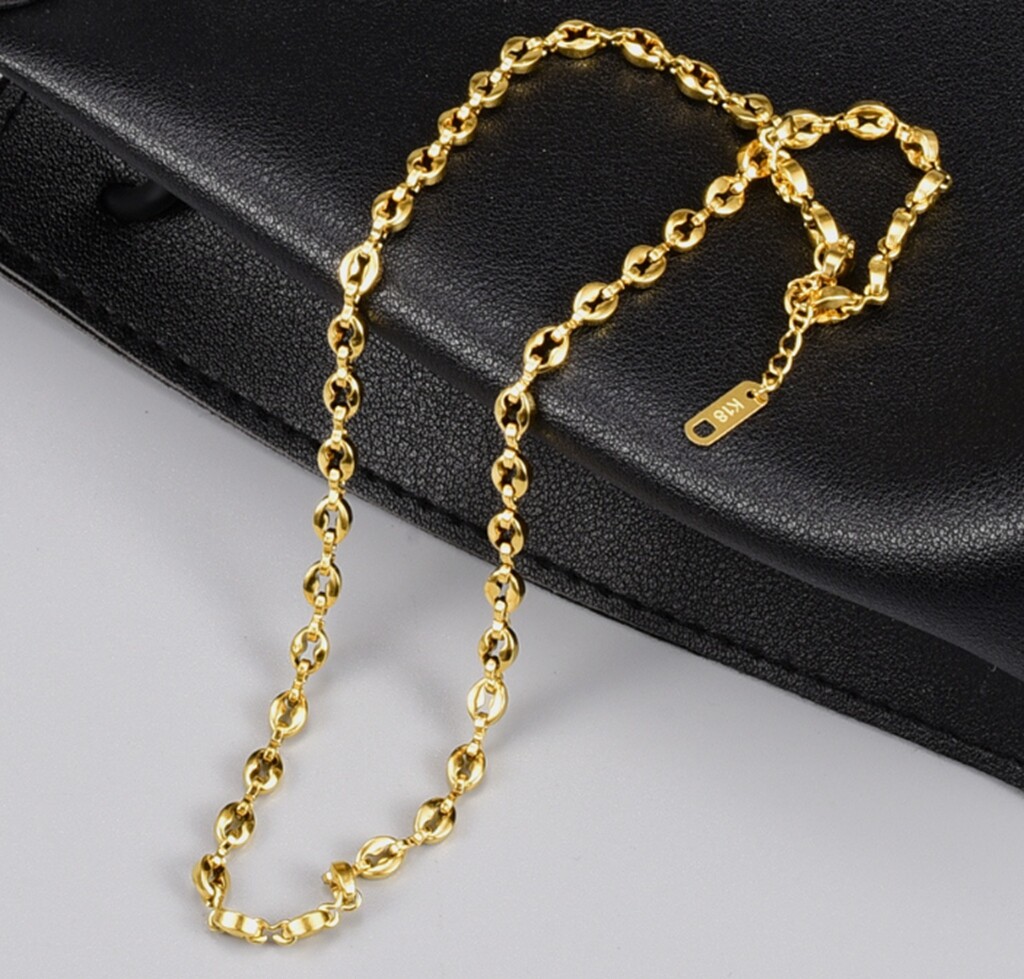Hip Hop Women Gold Plated Titanium Stainless Steel Coffee Bean Necklace 17-18″
