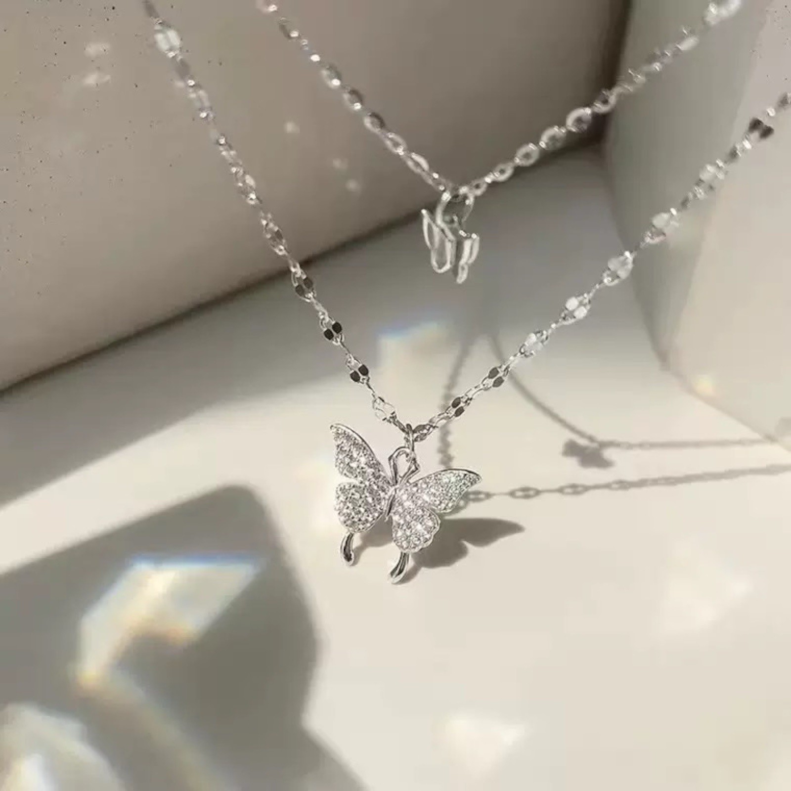 925 Silver Plated Double Butterfly Zircon Necklace Clavicle Jewelry A87