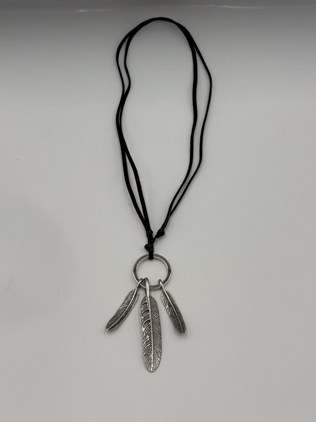 Boho Black Faux Suede Cord Necklace Silver Tone Triple Feather Pendant