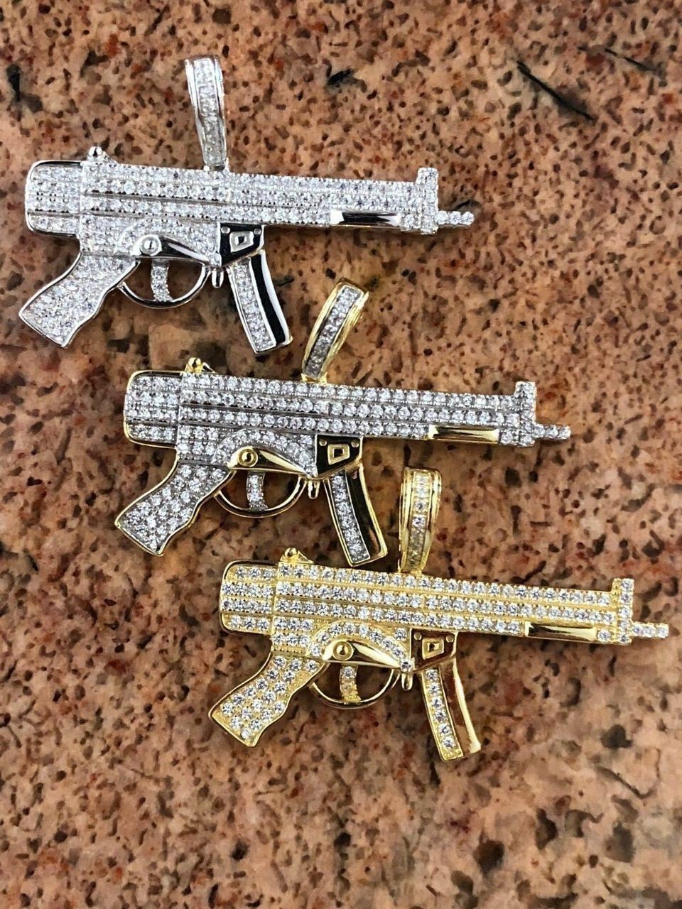 Real Solid 925 Silver AK-47 Machine Gun CZ Piece Super Icy Pendant W. Chain