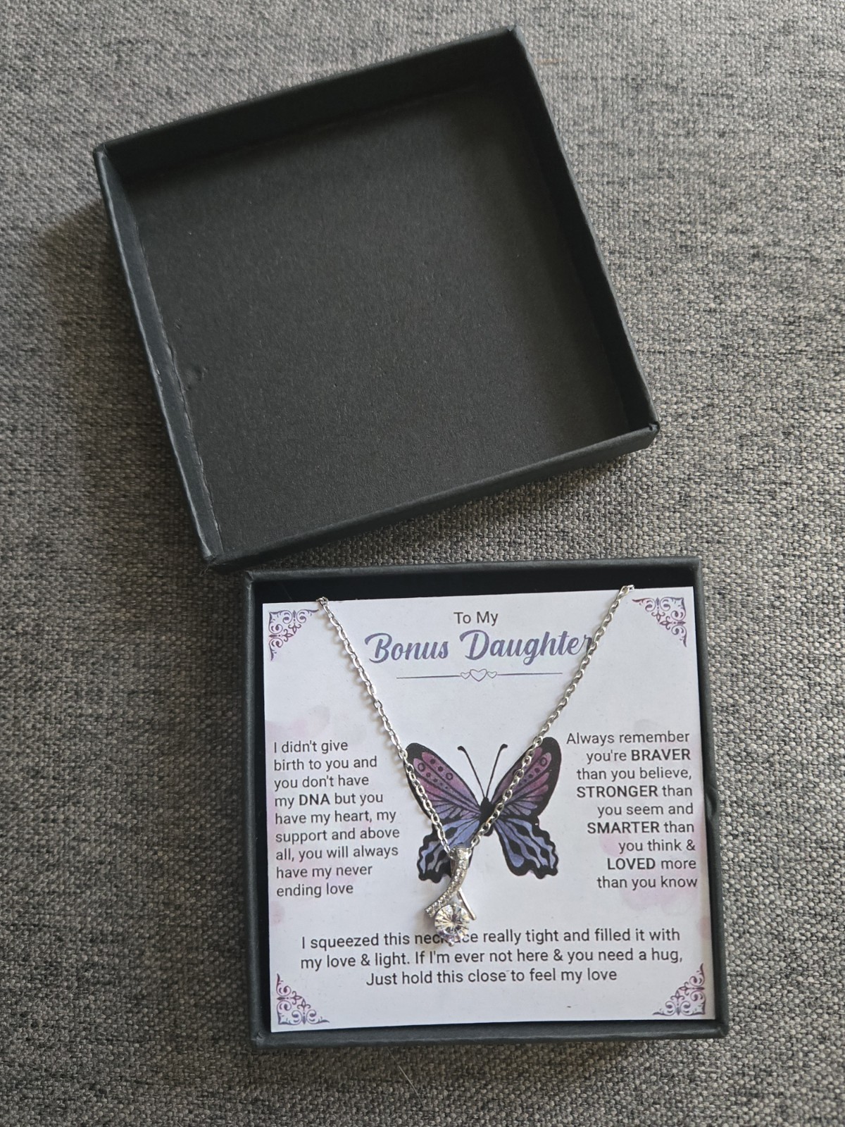 Butterfly CZ Pendant Necklace Silver Plated Cable Chain Lobster “Bonus Daughter”