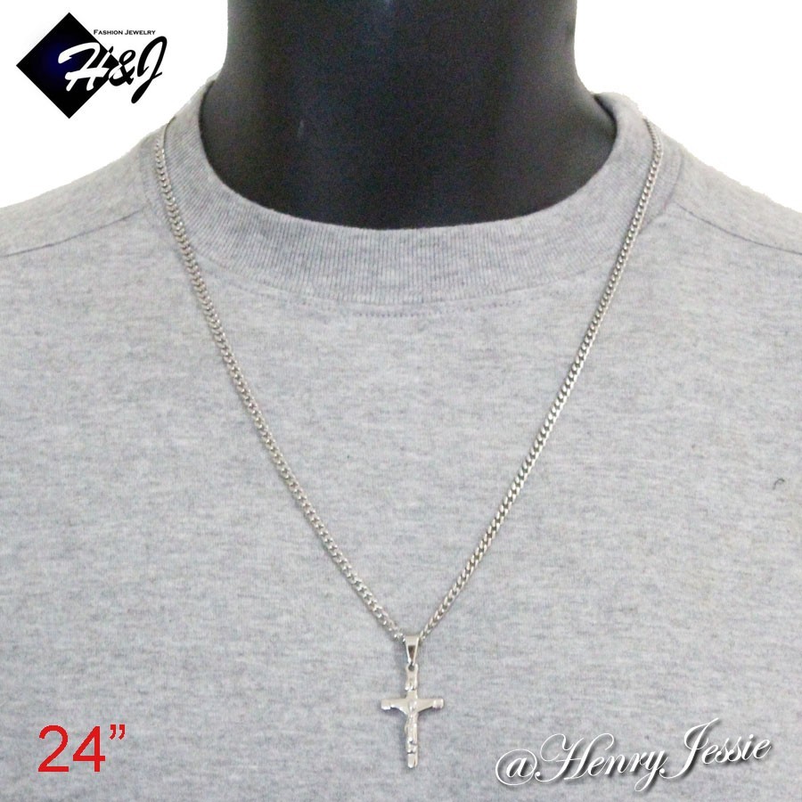 16-32″MEN Stainless Steel 3mm Silver Curb Chain Necklace JESUS Cross Pendant*J12