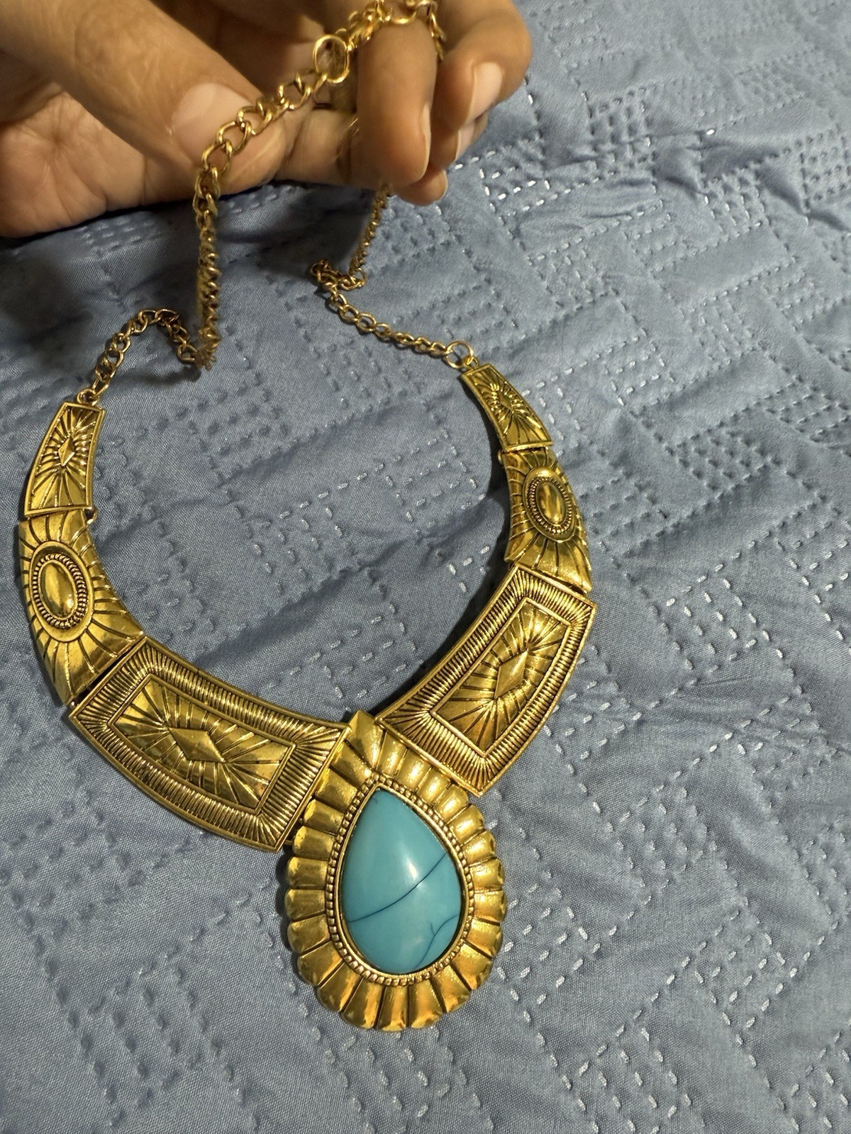 Chunky Gold Necklace Cuff Large Big Wide Costume Blue Statement Choker Jewelry