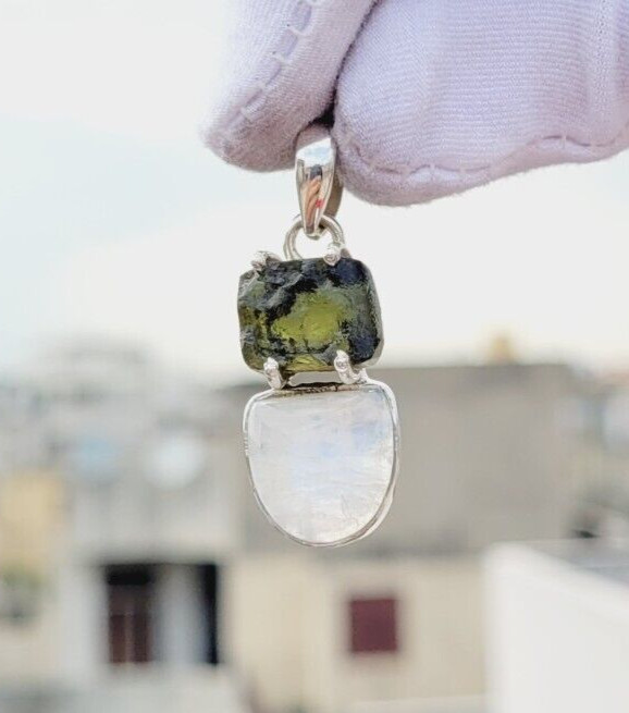 Moldavite & Rainbow Moonstone 925 Silver Pendant Handmade Multi Stones Pendant