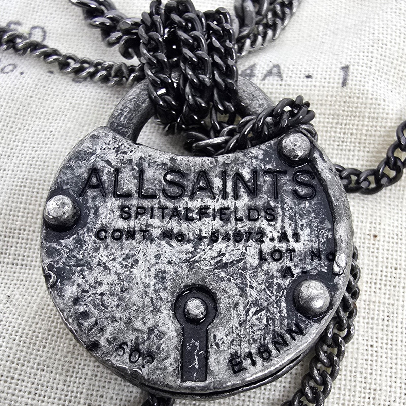 ALL SAINTS WOMENS VINTAGE DISTRESSED PADLOCK NECKLACE BLACK GREY LOCKET RARE
