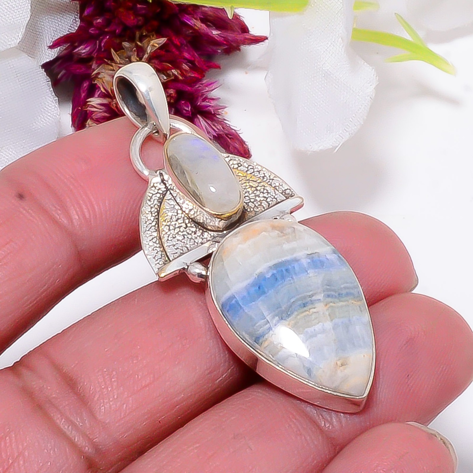 Blue Scheelite – Turkey & Rainbow Moonstone 925 Sterling Silver Pendant 2.03″ S9