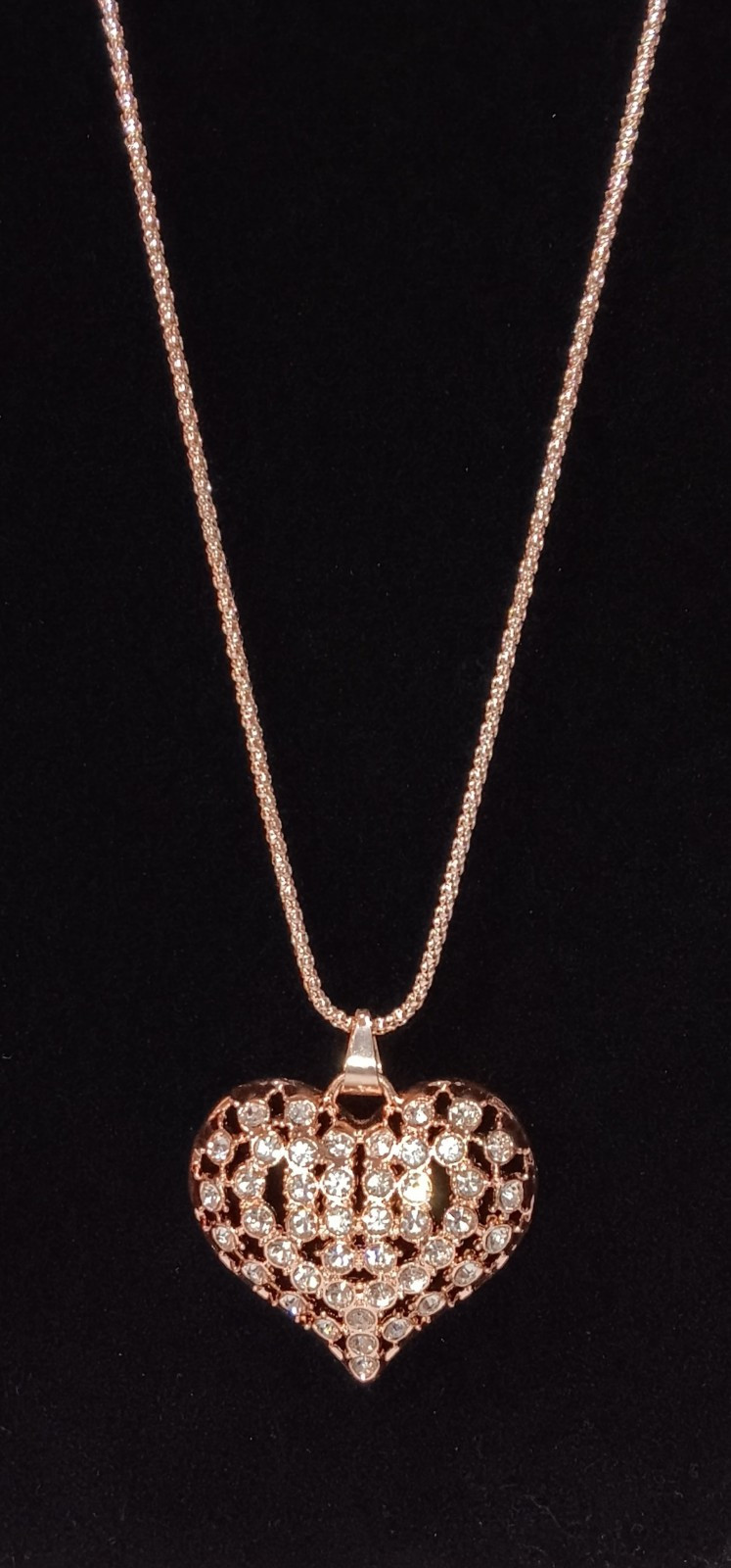 Rose Golden Hollow Heart Pendant Necklace W/Sparkling Rhinestones. Free Shipping