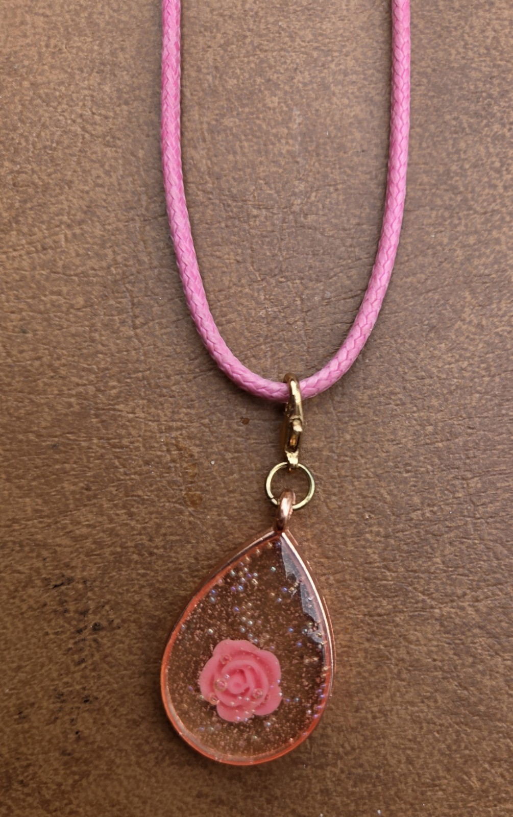 Homemade Pink Cord Necklace Teardrop Resin Flower Charm Pendant, Lobster Clasp