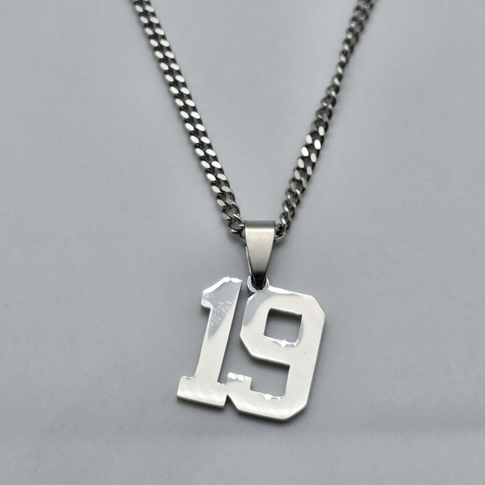 #19 BASEBALL FOOTBALL NUMBER Pendant Charm / 18″-24″ STAINLESS CHAIN NECKLACE