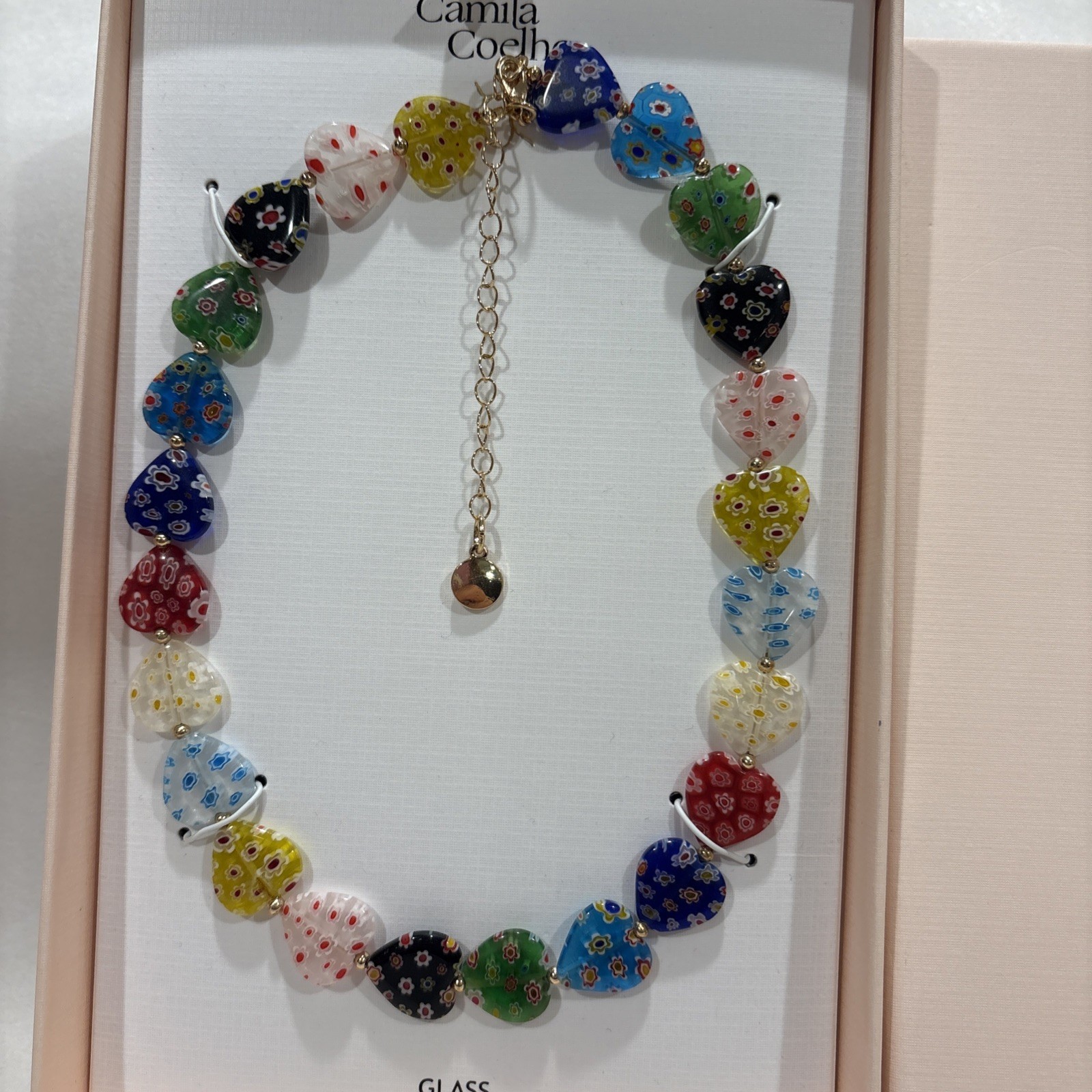 CAMILA COELHO Women Necklace Multicolor Millefiori Beaded Heart Glass 17”